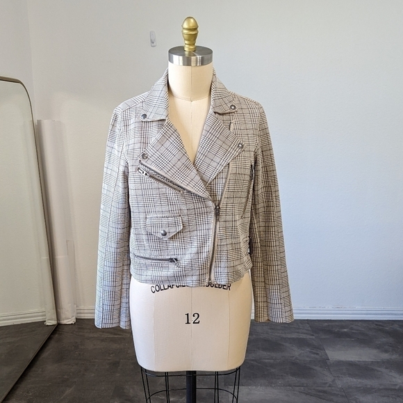 Blank NYC Plaid Double Breasted Moto Jacket Cream Gray M fall streetwear casual - Picture 2 of 12